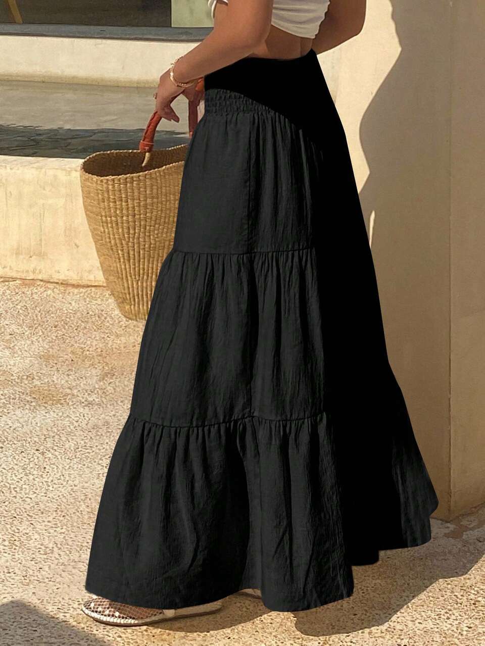 Women's Lightweight Summer Vacation Solid Color Textured Ruffle Hem Skirt Boho