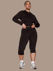 MUSERA Plus High Waist Stretch Fitted Cropped Leggings Activewear, Holiday, Elegant, Casual - Black - View 5