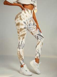 Easithlete 2 件女式无缝扎染运动紧身裤扎染紧身裤印花瑜伽裤女式印花健身紧身裤米色紧身裤女式肤色紧身裤 - 彩色 - 查看 2