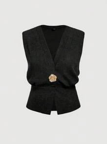 SHEIN MOD Plus Size Sleeveless Fitted Elastic Knit Top, Metal Button Closure, V-Neck Knit Tank, Dark Grey,Business Professional Women,Going Out Tops,Business Professional Women,Fall,Fall Tops