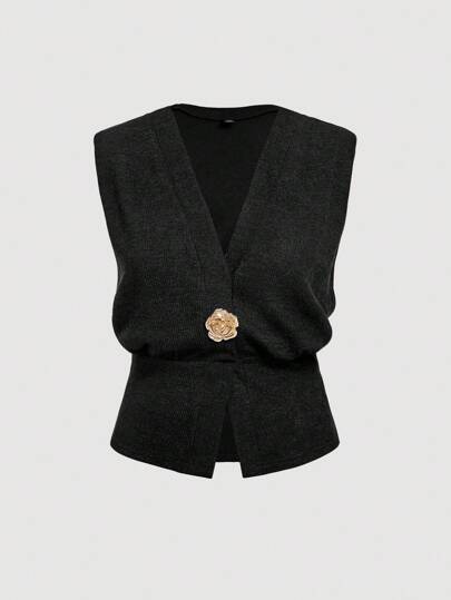 SHEIN MOD 大码无袖合身弹力针织上衣，金属纽扣开合，V 领针织背心，深灰色