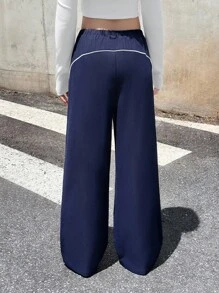 SHEIN Teen Girls Navy Blue Side Striped Drawstring Waist Long Pants,Back To School,Fall,Y2k,Halloween,Glowmode,Autumn,Holiday - Navy Blue - View 2