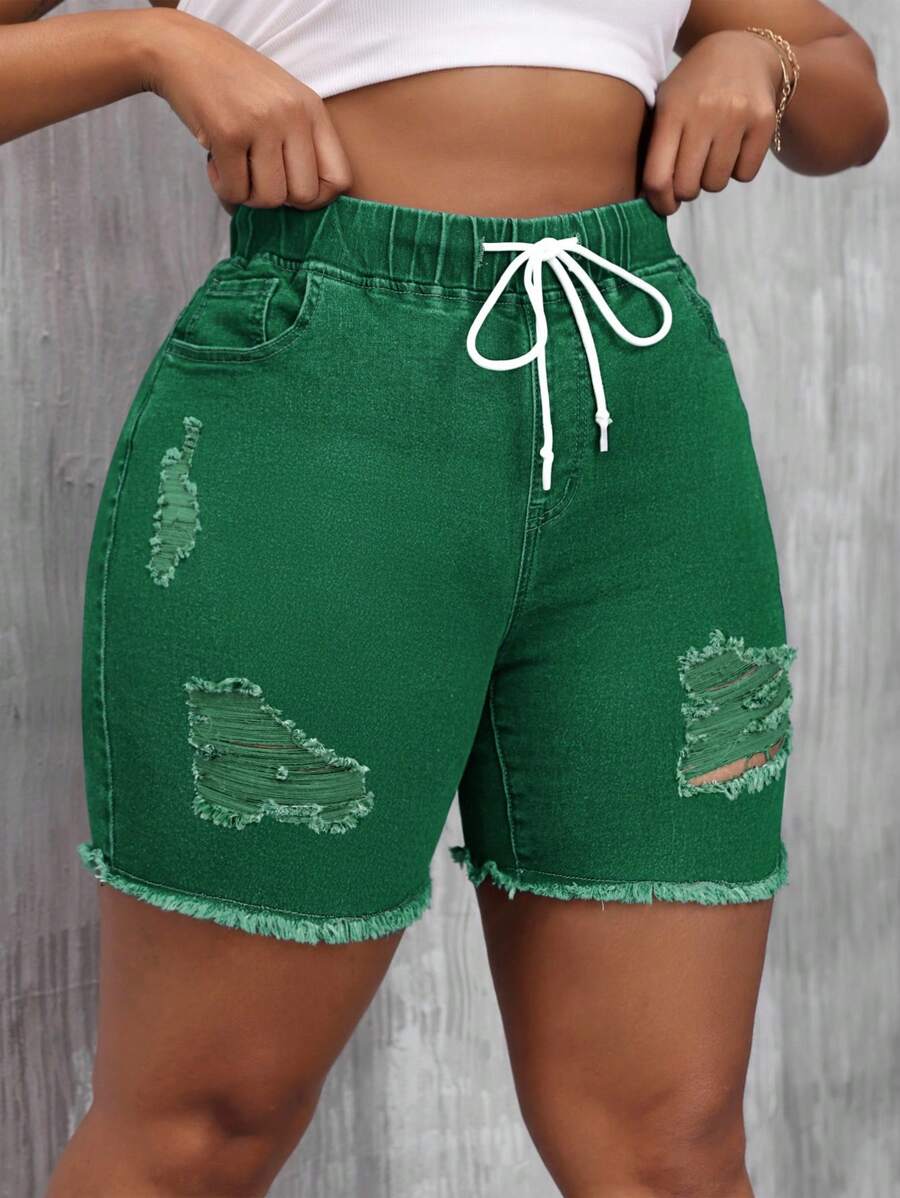 SHEIN SXY 大码休闲度假纯色抽绳牛仔短裤