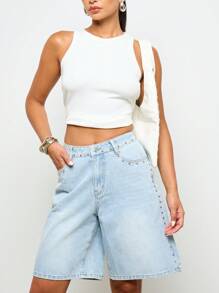 AiiRZ Premium Wide Leg Studded Denim Jorts Bermuda Length Casual Summer Festival Beachwear Y2K Retro High Waisted Knee Length Studded Embellishment