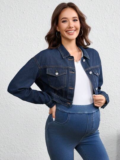 SHEIN Maternity Long Sleeve Single Breasted Casual Pocket Denim Jacket