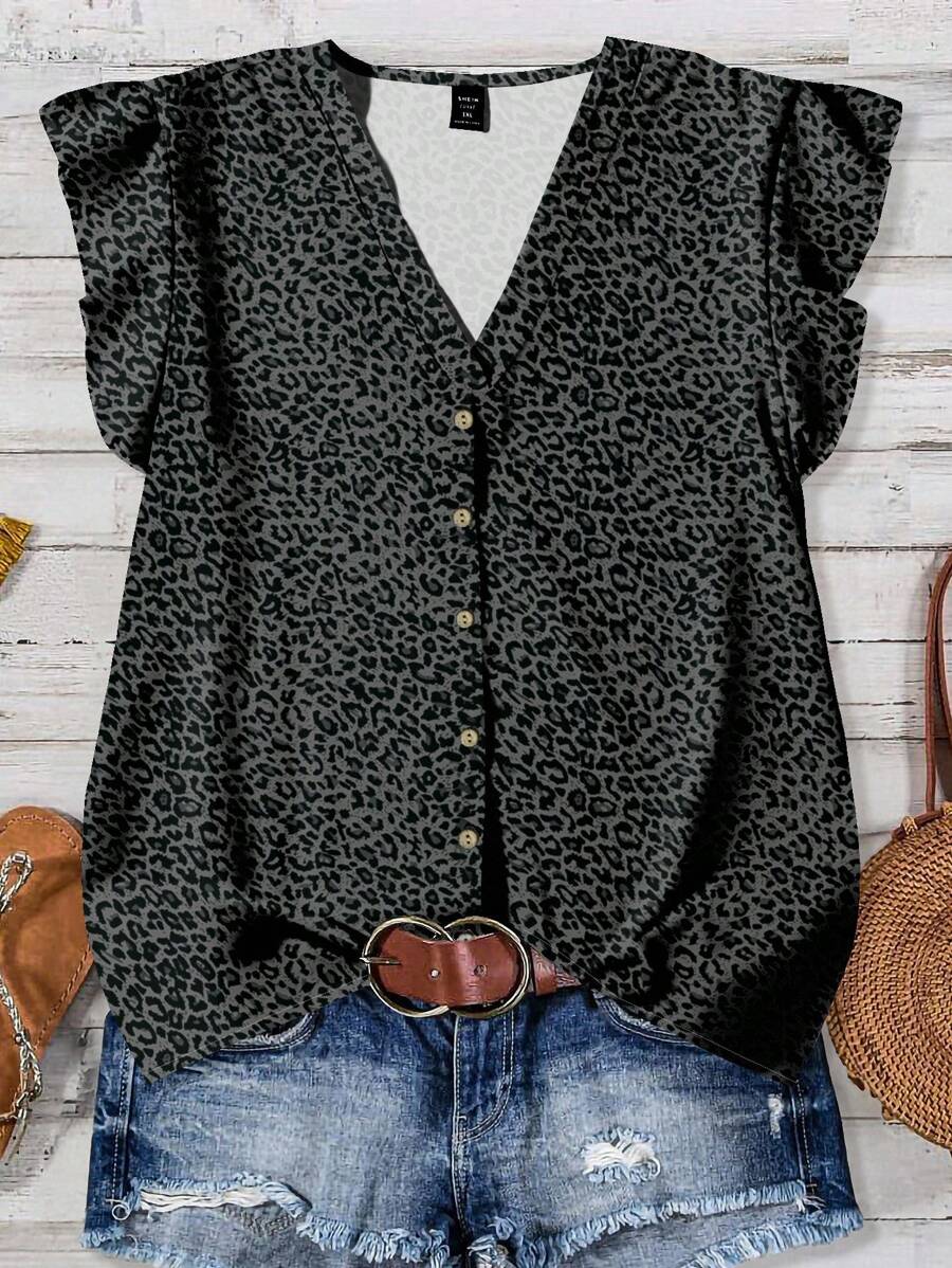 EMERY ROSE Casual Minimalist Leopard Print Loose Fit Plus Size Shirt, Suitable For Summer Leopard Print Top Autumn And Winter Chic Blouses For Women - Multicolor - View 1