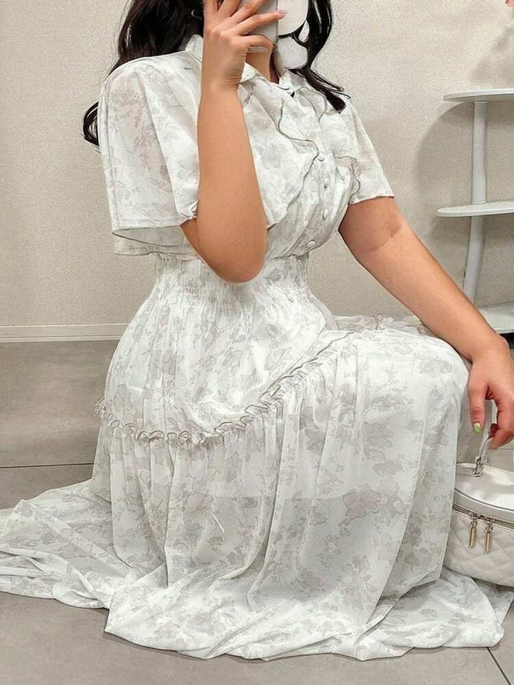 Dazy Plus Plus Size Ditsy Floral Chiffon Dress With Cape, Long Dress For Women, Suitable For Date, Summer Dress