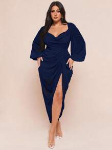 SHEIN BAE 女士加大码优雅派对/约会性感闪光亮片垂坠领口褶饰不对称下摆开衩长袖连衣裙，豌豆绿