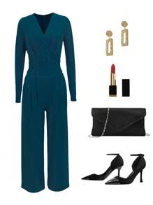 Ellevyn V领修身连体裤，优雅造型 - 水鴨藍 - 查看 2