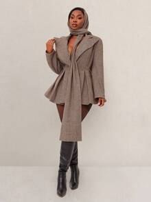 Radiana 大码女装秋冬优雅日常百搭长袖荷叶边修身西装外套（含腰带），正式千鸟格纹，复古时尚通勤棕色格纹套装，适合街头风、都市风、性感办公室女郎、度假装、通勤、商务、复古、派对、度假、外出、老钱风、层次感丰富的穿搭、约会之夜、聚会、极简主义、生日、正式场合、辣妹风、伊比沙岛风、纳什维尔风、休闲、端庄、时尚、休闲、购物、街头风、外出等多种场合，修身显瘦。 - 卡其色 - 查看 4