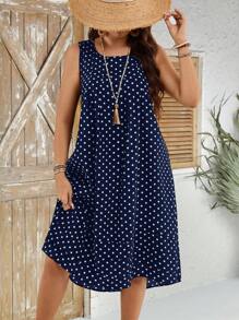 EMERY ROSE Vestido de vacaciones de mujer de talla grande con estampado de lunares, cuello redondo y sin mangas, Conjuntos de vacaciones de mujer, Atuendos de verano para mujer, Ropa de oficina, Atuendos de vacaciones de mujer, Atuendos de verano para mujer Festival Bohemio, Atuendo de vacaciones