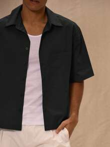 Musero Boxy Fit Oversized Pocket Detail Button Through Short Sleeve Shirt Spring&Summer - Black - View 5