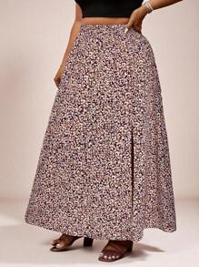 SHEIN VCAY Plus Size Summer Fashion All-Over Print Slit A-Line Skirt