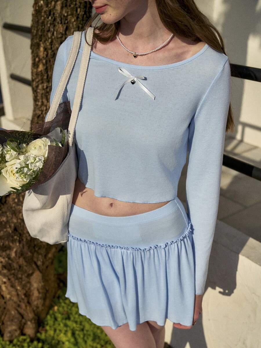 2pcs/Set Women Fresh Cut-Out Long Sleeve T-Shirt - Baby Blue - View 1