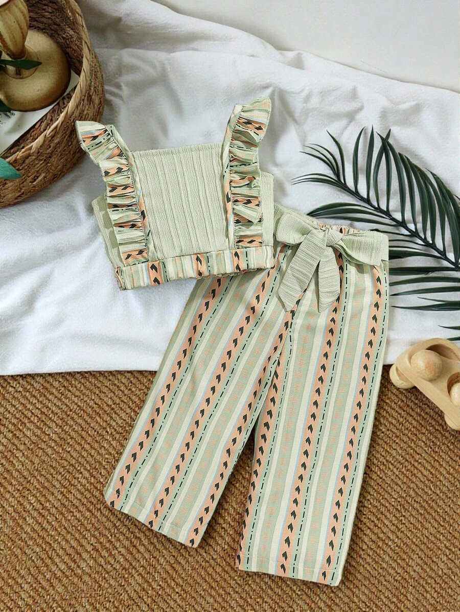 SHEIN Vintaside Kids Baby Girls' Summer Sage Green Vacation Holiday Funny Geometric Print Two-Piece Set,Woven Stripe Jacquard Spaghetti Strap Top And Wide Leg Pants - Multicolor - View 1