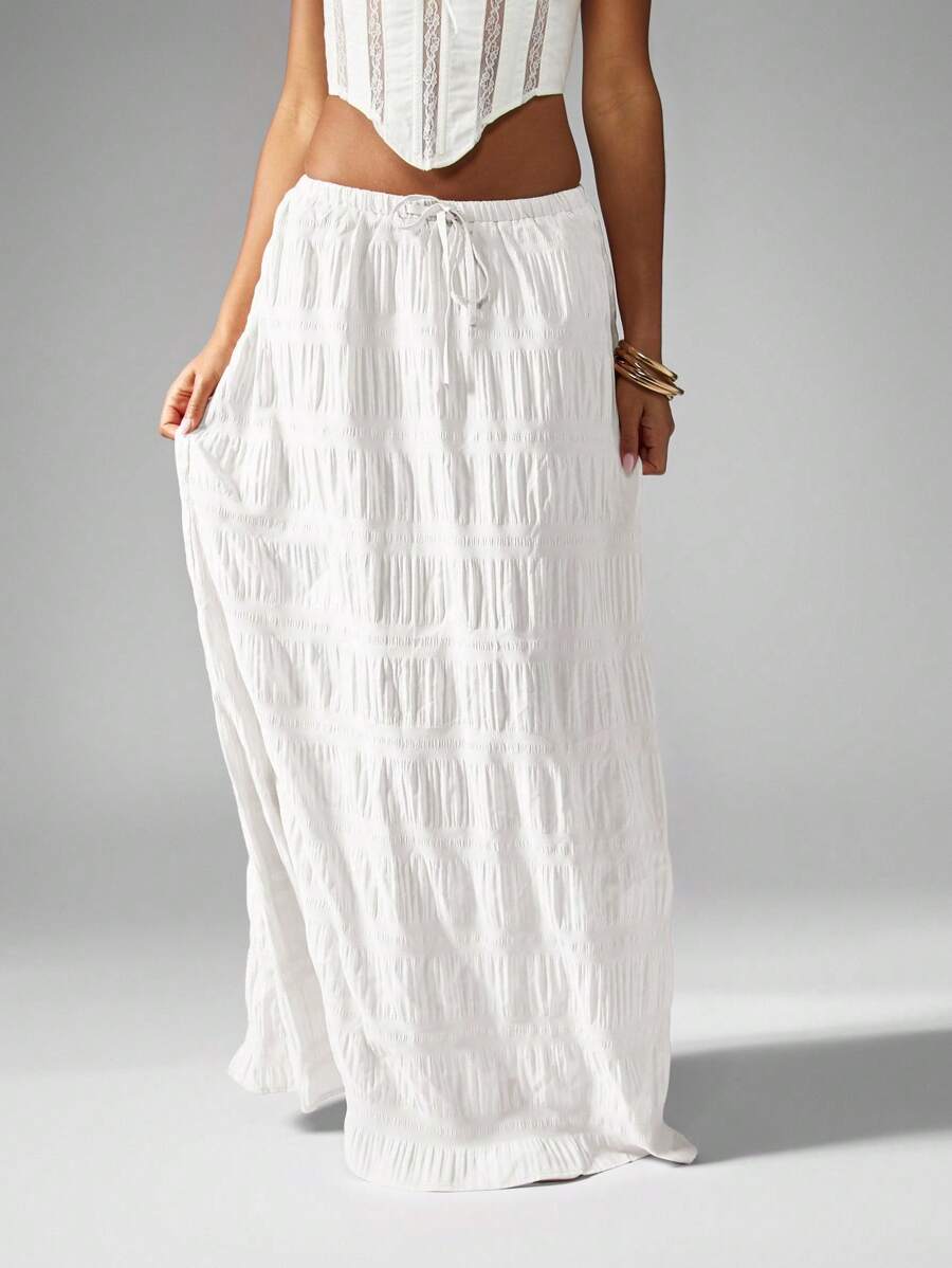 MISSGUIDED Váy Maxi Họa Tiết Nhăn Bohemian Lễ Hội Dây Rút Đồ Đi Biển Đồ Mặc Nghỉ Mát Đầm Xòe Co Giãn Eo Mùa Hè Xuân Dài Đến Mắt Cá Chân Đồ Mặc Đi Nghỉ - trắng - Xem 1