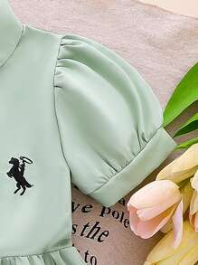 2pcs/Set Young Girl Striped Embroidery Short Sleeve Dress,Sage Green,Summer,Elegant,Princess,7th Birthday,Career Day,Back-To-School Gingham Collared - Green - View 6