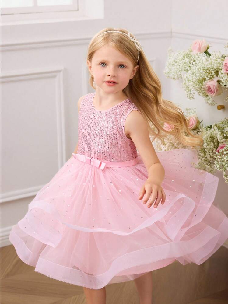pink glitter birthday dress SHEIN Young Girl's Sequin Patchwork Bowknot Decor Mesh Hem Sleeveless Halloween Dress Christmas Dress Dress Sparkly Dress For Girls Pink Dress Pink Sequin Dress For Young Girls Pink and other celebrations Puff girls birthday party dress Wedding Dress Silhouettes: Mermaid, Color:Coral Pink