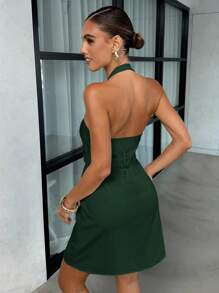 Lavishia Women's Summer Elegant Solid Color V-Neck Halter Backless Mini Dress