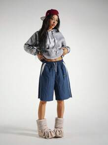 StreetHx Women's Letter Graphic Drawstring Waist Contrast Color Casual Shorts - Royal Blue - View 7