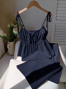 Comfortcana 夏季休闲梭织海军蓝亚麻吊带背心和裤子套装 - 藏蓝色 - 查看 4