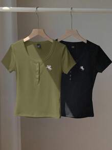 Comfortcana 2pcs/Set Summer Solid Color Henley Collar Embroidery Slim Short Sleeve T-Shirts - Army Green - View 6