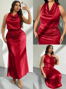 Firerie 2 件套女式缎面高领系带衬衫和褶皱长裙，情人节/音乐会/表演/约会/派对/舞会/婚礼季/性感/优雅/通勤/返校/度假/海滩/浪漫大码套装 - 紅色 - 查看 4