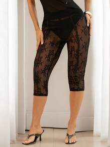 SHEIN SXY Women Black Sexy Lace Shorts,Y2k,Beach,Going Out,Club Sexy,Sexy,Club, Lace Sheer Pants - Black - View 8