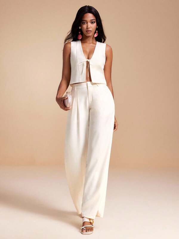 MIRENZI Pantalones rectos de verano de estilo casual y de commute tejidos en blanco para mujeres, estilo "Old Money"