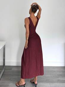 Siren Gaze 新款夏季女士A字腰收腰修身长裙 - 酒紅色 - 查看 2