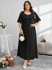 Modelyn 女式加大码优雅纯色短袖荷叶边纽扣设计连衣裙 - 黑色 - 查看 6