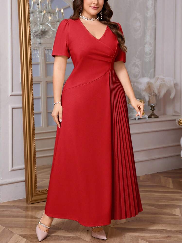 Vestido casual elegante de manga corta con pliegues y elástico suelto para tallas grandes de mujer, adecuado para citas, fiestas, primavera/verano - Rojo - Añade 7