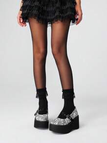 ROMWE Grunge Punk Pantofi sport fără platformă pentru femei, stil gotic punk, cu vârf rotund, cu imprimeu floral aleatoriu din pânză, curea metalică reglabilă, pantofi comozi pentru activități casual, pentru exterior, Halloween - alb - Vizualizare 3