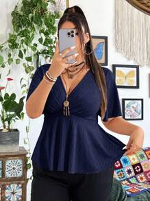 SHEIN MOOSTA Plus Size Women's V-Neck Ruffle Sleeve Ruffle Hem T-Shirt, Summer - Navy Blue - View 4
