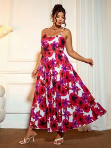 Allurite Plus Size Elegant Floral Print High-Low Hem Cami Summer Dress - Multicolor - View 4