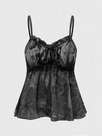 Fairycore Camiseta de tirantes de verano con estampado de mariposa y bajo con volantes para tallas grandes