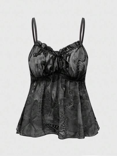 Fairycore Débardeur d'été grande taille pour femme avec ourlet volants et imprimé papillon déchiré