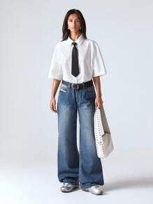 LYSMO Jeans amplios y sueltos de ajuste relajado con bolsillos para mujer - Azul - Ver 3