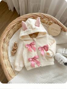SHEIN 新生女婴可爱杏色蝴蝶结毛绒连帽夹克，秋冬