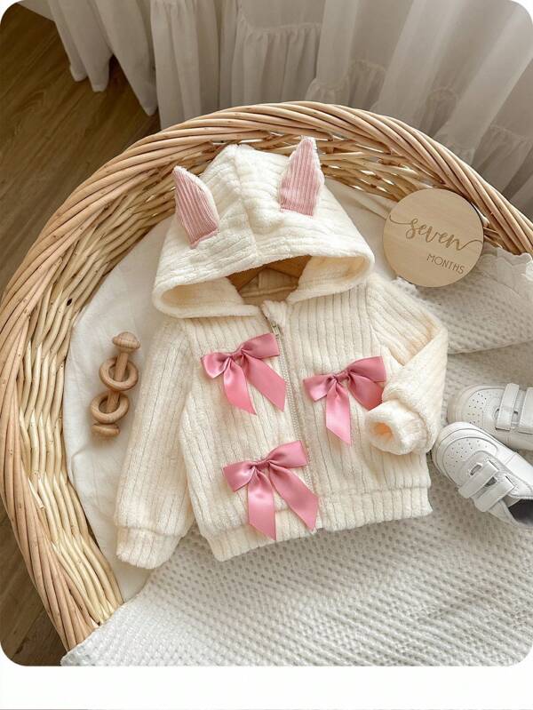 SHEIN Veste à capuche en peluche avec nœud adorable abricot pour nouveaux-nés filles, automne/hiver