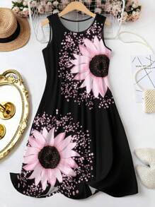 SHEIN LUNE Robe d'été à col rond imprimée tournesol de grande taille, , robe trapèze à imprimé floral bohème pour l'été