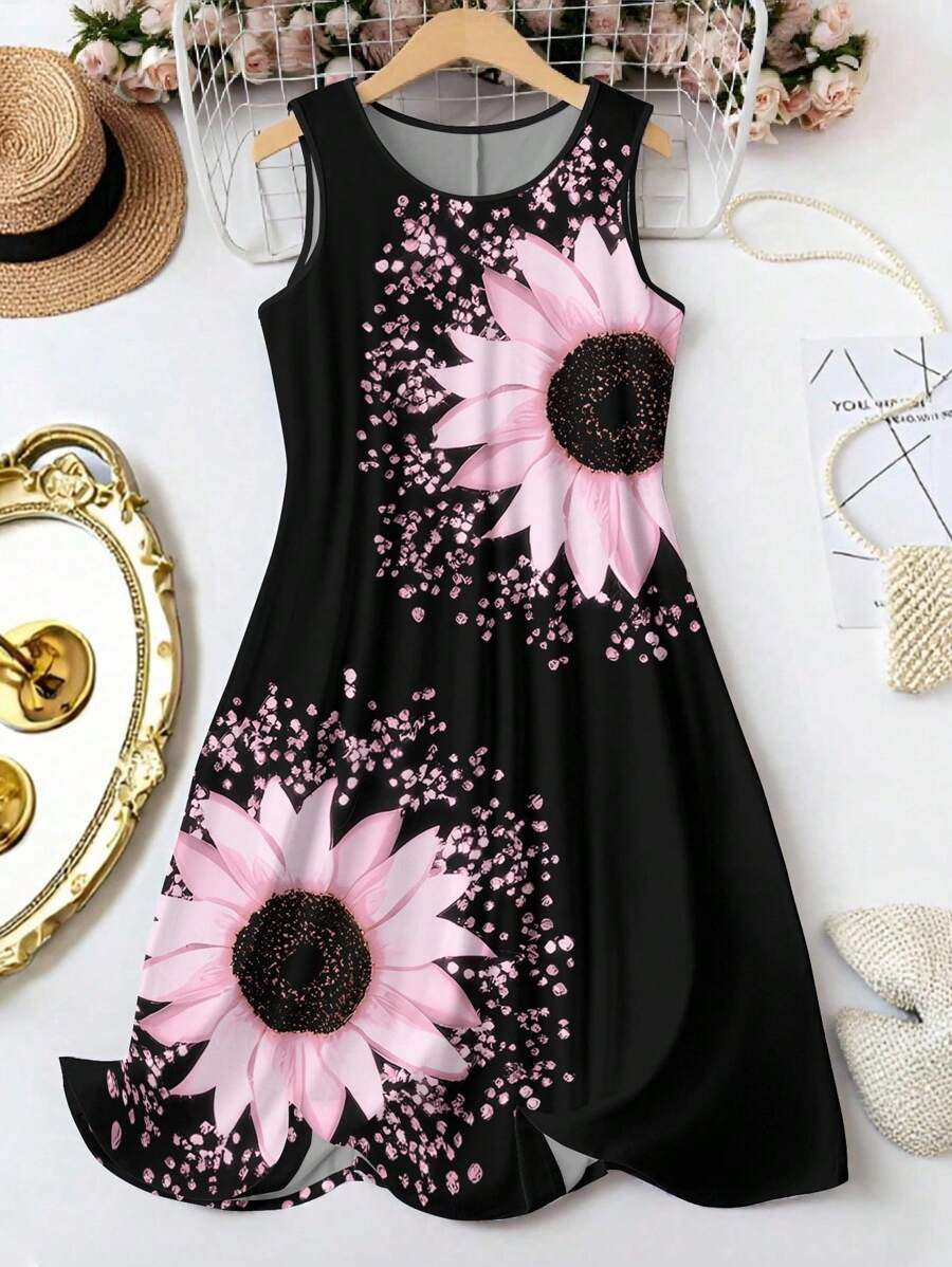 SHEIN LUNE Robe d'été à col rond imprimée tournesol de grande taille, , robe trapèze à imprimé floral bohème pour l'été