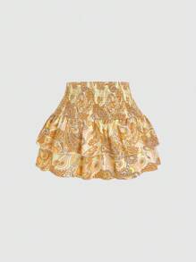 Sweetra Spring & Summer Style Vacation Cashew Flower High Waist Ruffled Hem Short Women Skirts - Orange - View 2