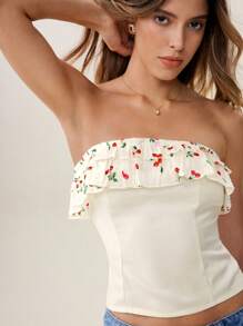 Chiquease Top corta casual y elegante de gasa con escote strapless, volantes en el bajo, lazo delantero y estampado de flores de cerezo para uso vacacional - Beis - Ver 6