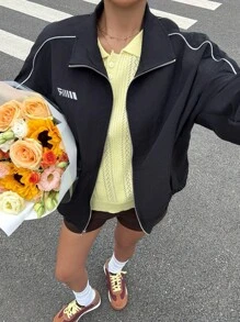 Muchica 女装秋季新款反光条纹美式宽松立领运动夹克 - 黑色 - 查看 5