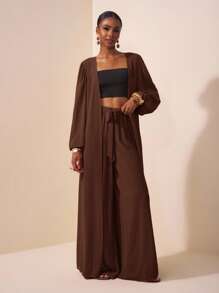 Zivah New All-Match Simple Beach/Bohemian/Bohemian Women's Clothing/Women's Festival Clothing/Carnival/Easter Women's Clothing/Old Money Style Women's Clothing/Country Concert Clothing/Going Out Clothing/Fairy Style/Festival Clothing/Women's Western Clothing/Tropical Vacation Women's Clothing Casual White Women's Two-Piece House Clothing Fashion Casual Lantern Sleeve Cardigan Top + Wide Leg Pants/Baggy Pants/Flowy Pants/Wide Leg Pants/ Brown Two Piece Set Women - Brown - View 4