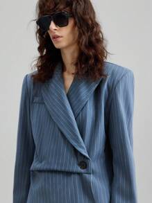 Ontre Estilo Estocolmo, Atuendos para maestras para mujeres, Ropa de mujer para el otoño, Nuevo lanzamiento 2025 Chaqueta con solapa plegable asimétrica de tela a rayas, Blazer de traje de mujer, Ropa de abrigo casual para primavera/verano - Azul - Ver 4