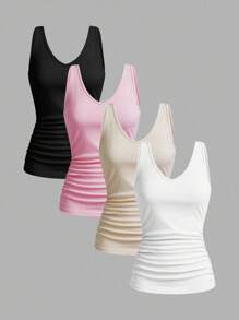Slaydiva 4pcs V-Neck Rib Knit Camisole Vest For Women, Suitable For Summer Back To School