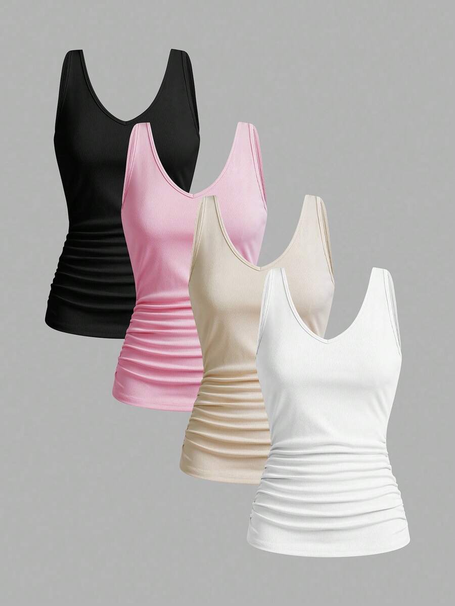 Slaydiva 4pcs V-Neck Rib Knit Camisole Vest For Women, Suitable For Summer Back To School