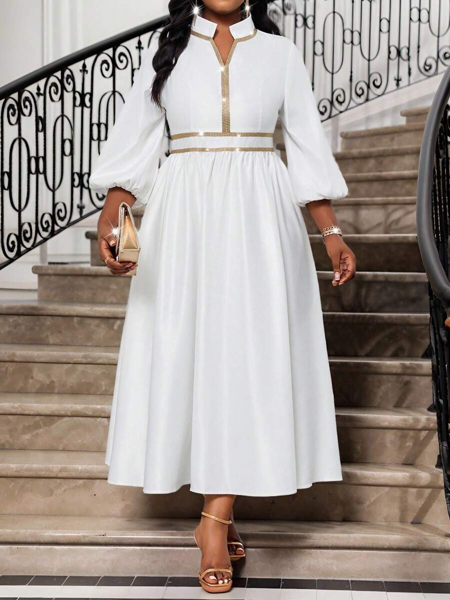 SHEIN Lady 春夏秋冬优雅端庄婚礼鸡尾酒会音乐会/音乐节白色编织缎面立领喇叭袖吊带中长七分袖大码连衣裙大码拼色边缘缺口领亮片拼接优雅连衣裙优雅连衣裙婚礼宾客礼服优雅秋装秋季服装节日服装婚纱宾客大码婚礼宾客礼服曲线婚礼宾客礼服婚礼宾客礼服曲线全白派对服装女士教堂礼服女士秋季服装女士婚礼宾客礼服女士秋季服装女士秋季服装女士秋季连衣裙 - 白色 - 查看 1